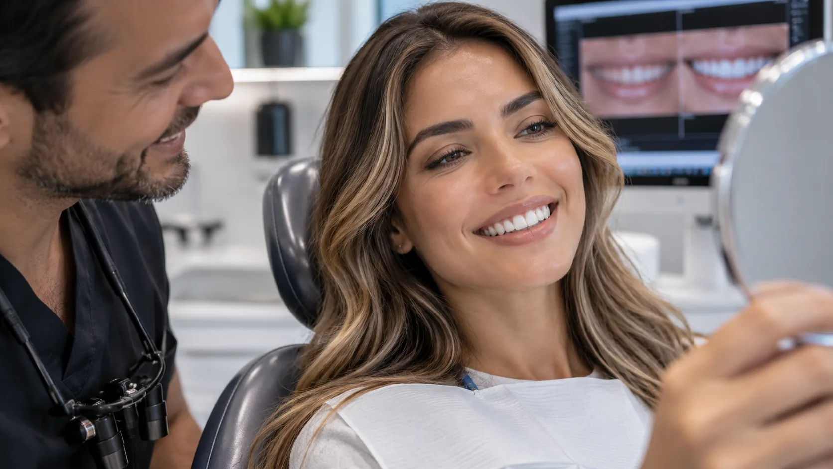 Patient reviewing veneer results in a dental clinic